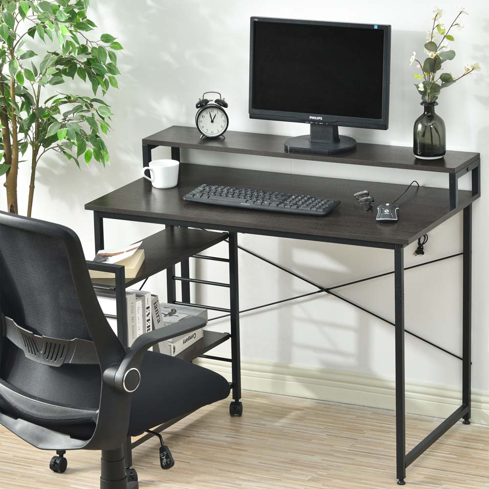 ブラウン】パソコンデスク キャスター付きで移動可能ラック付き デスク