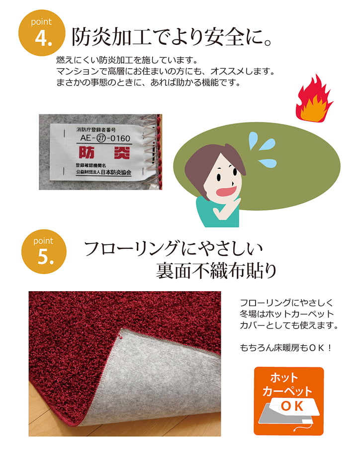 シャンゼリゼ ラグ カーペット 2畳 防炎 抗菌 防臭 防ダニ シャギー タフト 国産 無地 『シャンゼリゼ』 約190×190cm_5