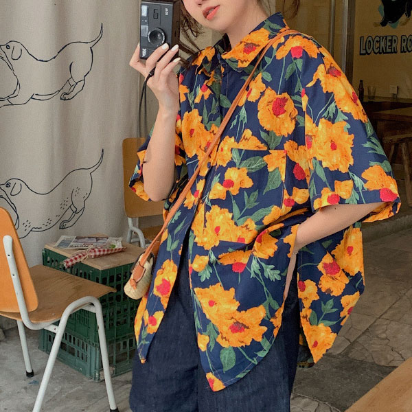 クーポン利用で20%オフ】柄シャツ 派手シャツ ネイビー オレンジ 