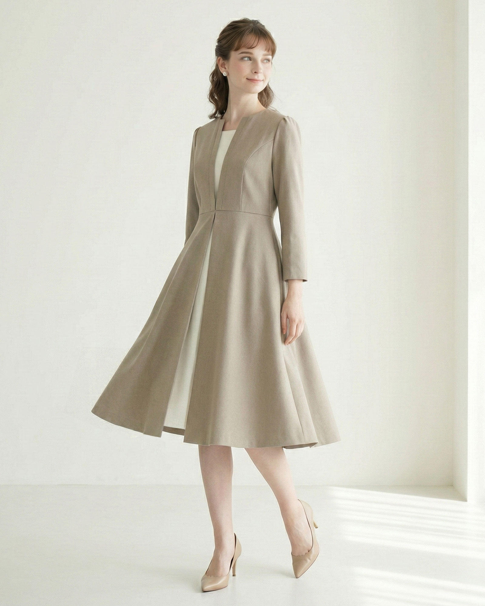 ジーフォア　ワンピース タック ワンピース セシル】お色展開：ブラウン,グリーン ／ サイズ