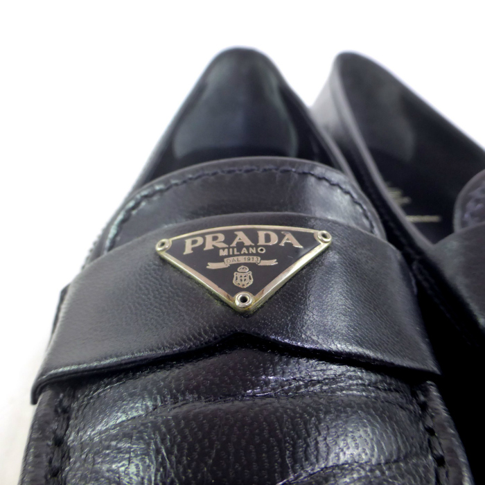 プラダ （PRADA） ヴィンテージ トライアングルロゴ レザー ローファー スクエアトゥ シューズ 靴 ＃36.5 ブラック×シルバー（中古）