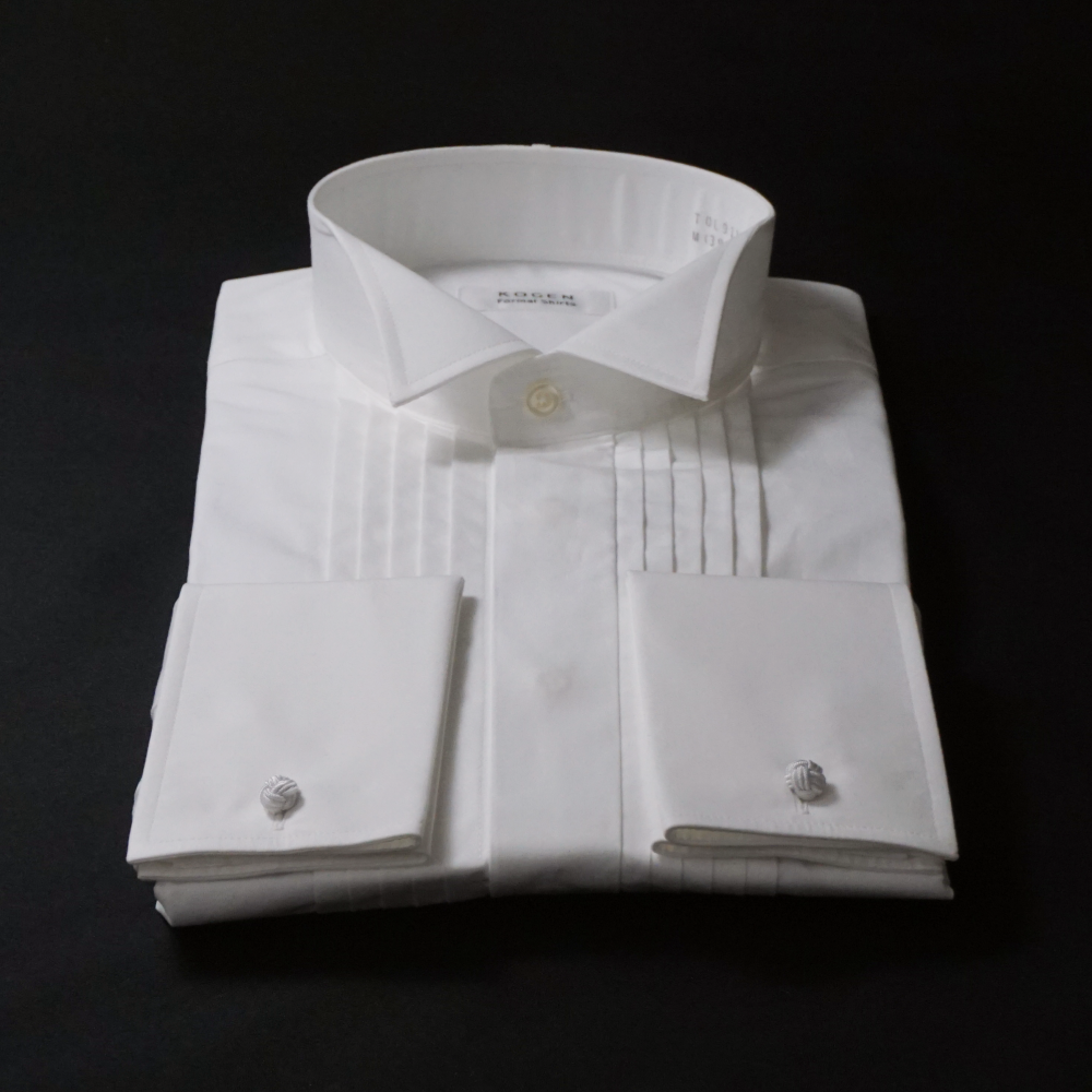 ウイングカラーシャツ メンズ 黒カフス付 綿100% ピンタック プリーツ