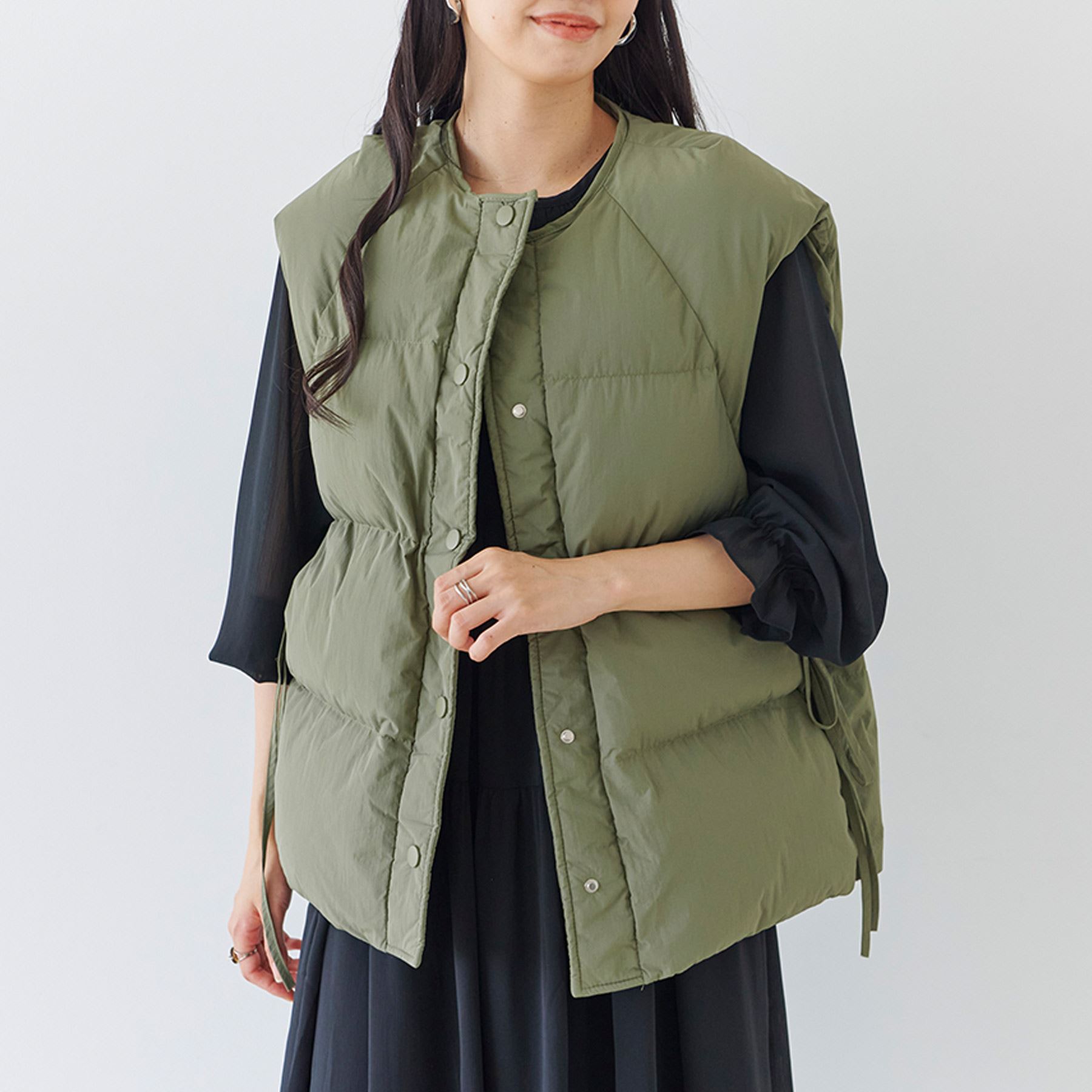 ダウンベスト レディース 秋 冬 サイドリボン ダウンライク : anlulu