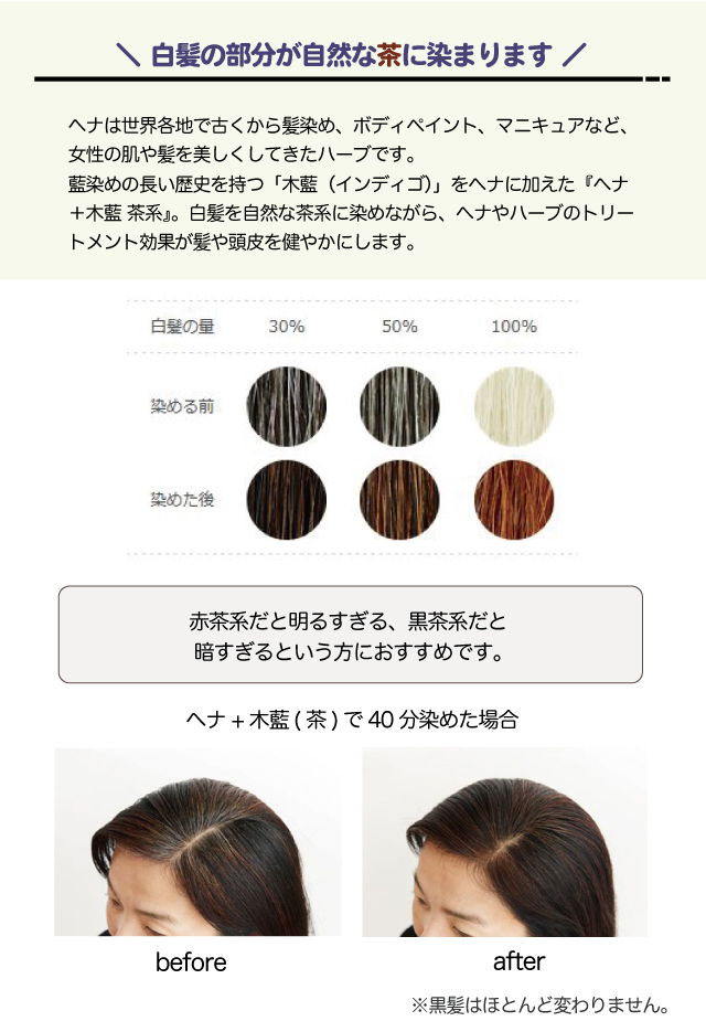 ナイアード [ ヘナ+木藍(もくらん) 100g (茶) ] 白髪染め ナチュラルハーブ3 植物性ヘアカラー 毛染め naiad｜reliable-yshop｜03