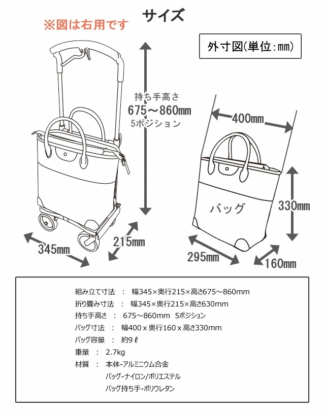 おとなりカート ブレーキ付 横押しトートタイプ WCC04 右用 左用