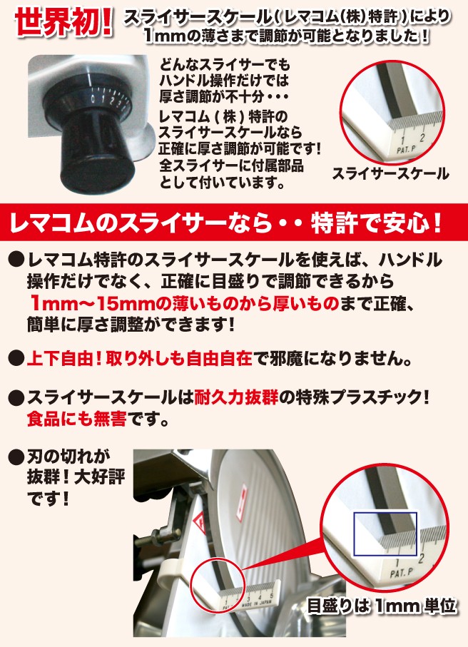 世界初!厚みを正確に測るスライサースケール付 厚みを正確に測るスライサースケール付