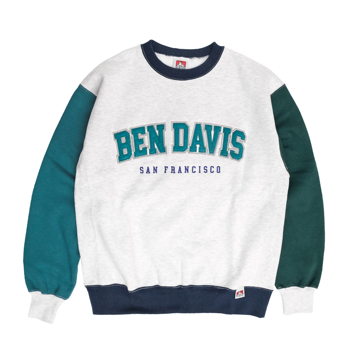 BEN DAVIS トレーナー ベンデイビス 2021AW カレッジロゴ 刺繍パッチ クルーネック スウェット メンズ 裏起毛 スエット  ワイドシルエット BEN-1845