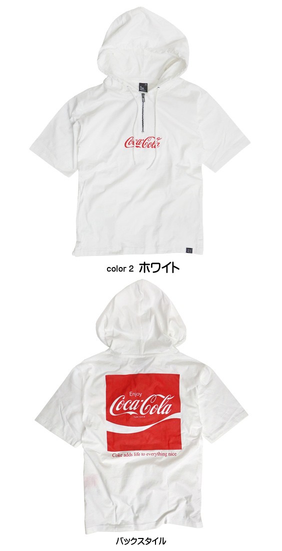 コカ・コーラ パーカー Coca-Cola Tパーカー ハーフジップ メンズ 半袖 フード付き Tシャツ ロゴ刺繍 BONESOUL PKL-339