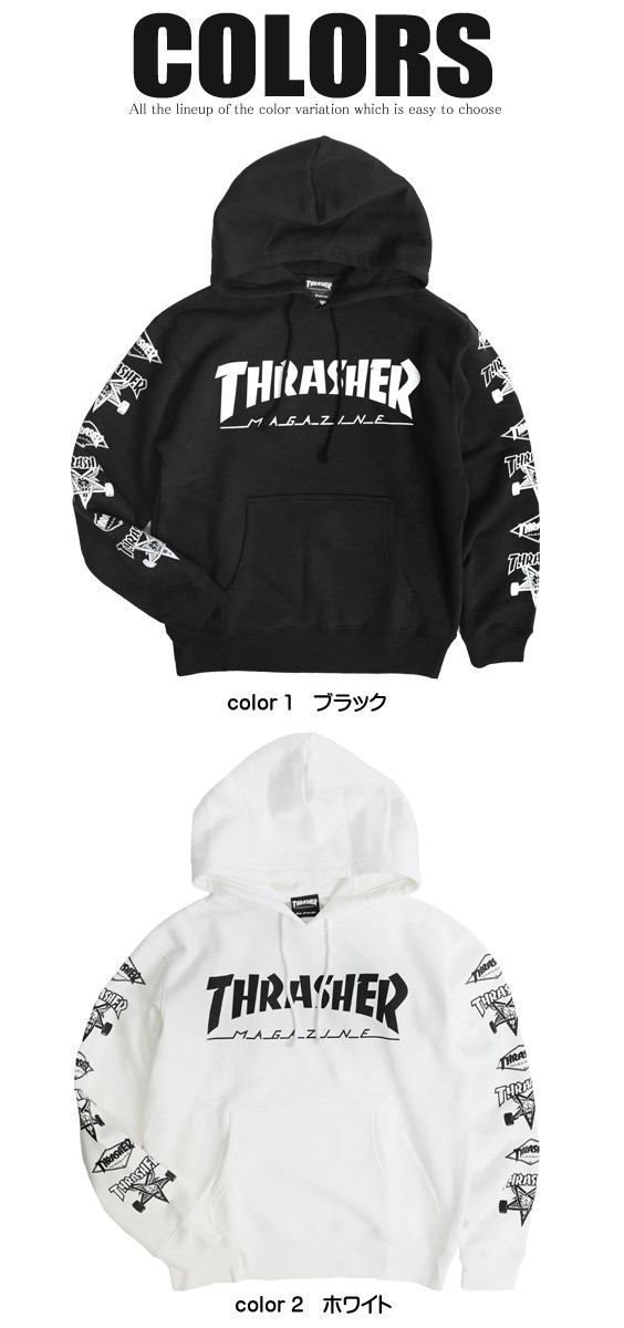 THRASHER パーカー スラッシャー 袖プリント スウェットパーカー マグロゴ バフォメットプリント プルオーバー THRASHER-146