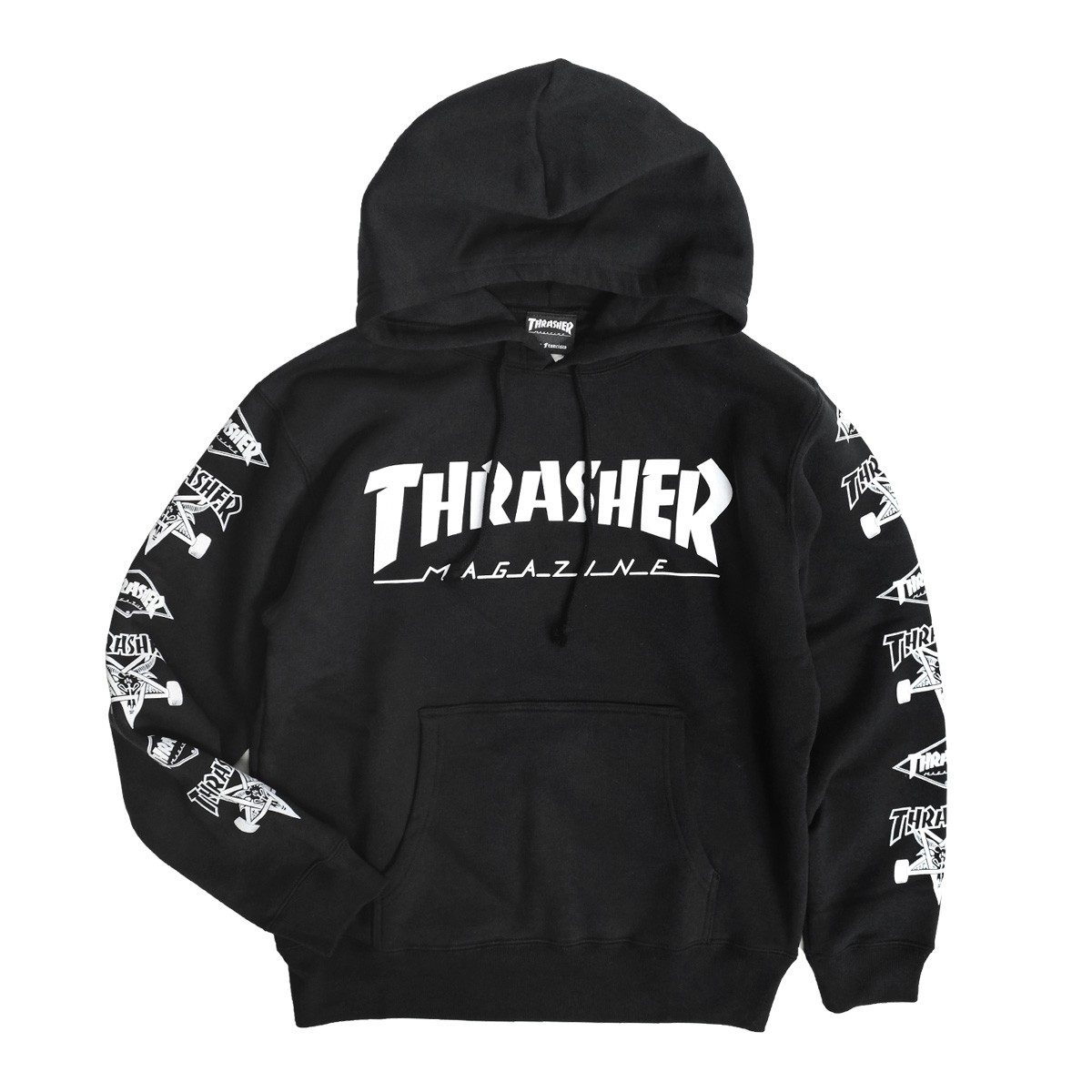 thrasher パーカー 黒 袖 文字