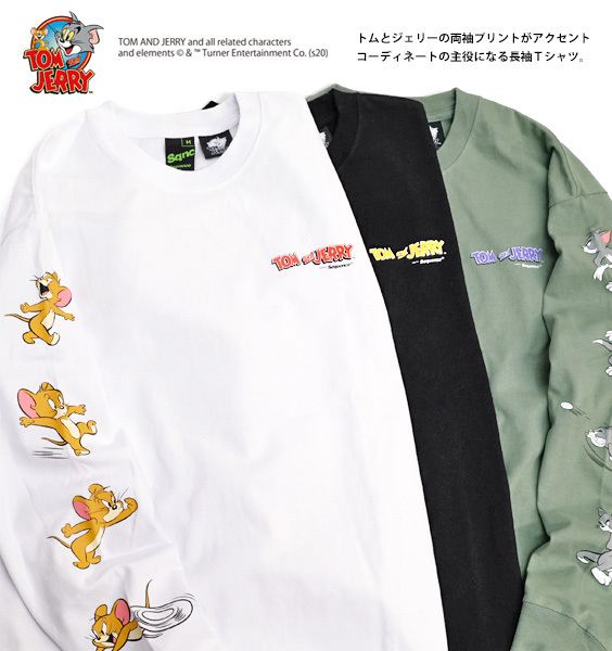 トムとジェリー Tシャツ TOM and JERRY Sequence 2021SS コラボ 袖プリント 長袖Tシャツ トム ジェリー プリント  ロンT クルーネック TSL-154