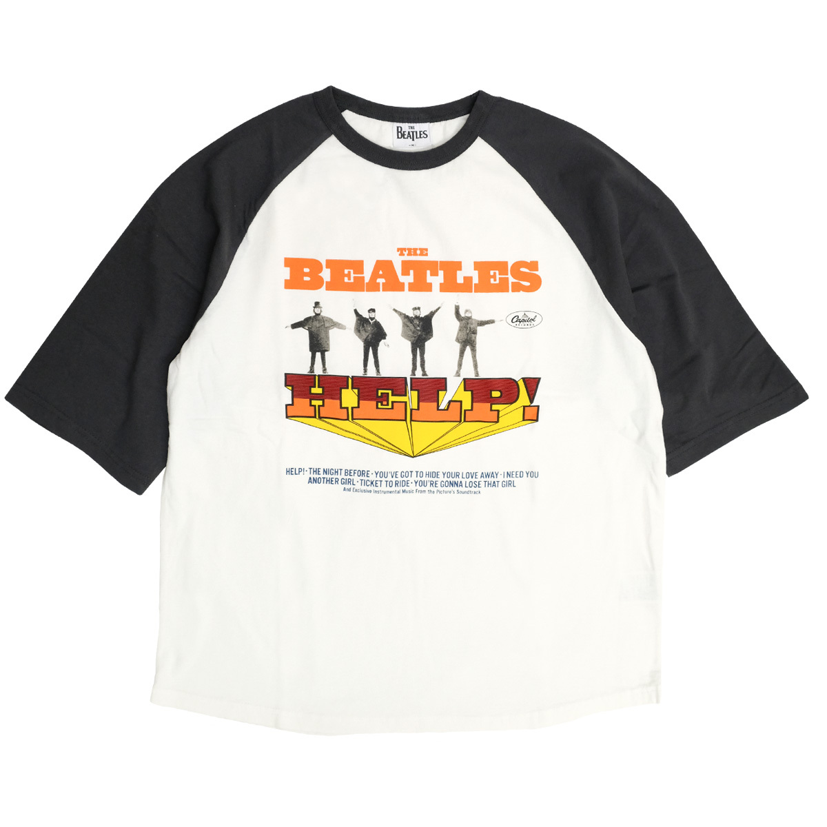 THE BEATLES Tシャツ ビートルズ HELP プリント 5分袖 ラグランTシャツ メンズ 五分袖Tシャツ 丸裾 バックプリント  バンドTシャツ TSO-016