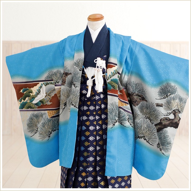 美品良品♡七五三　男児　五歳　着物 5歳 男の子 七五三 着物レンタル d5084 水色鷹×祝鶴に縁起松 753 子供
