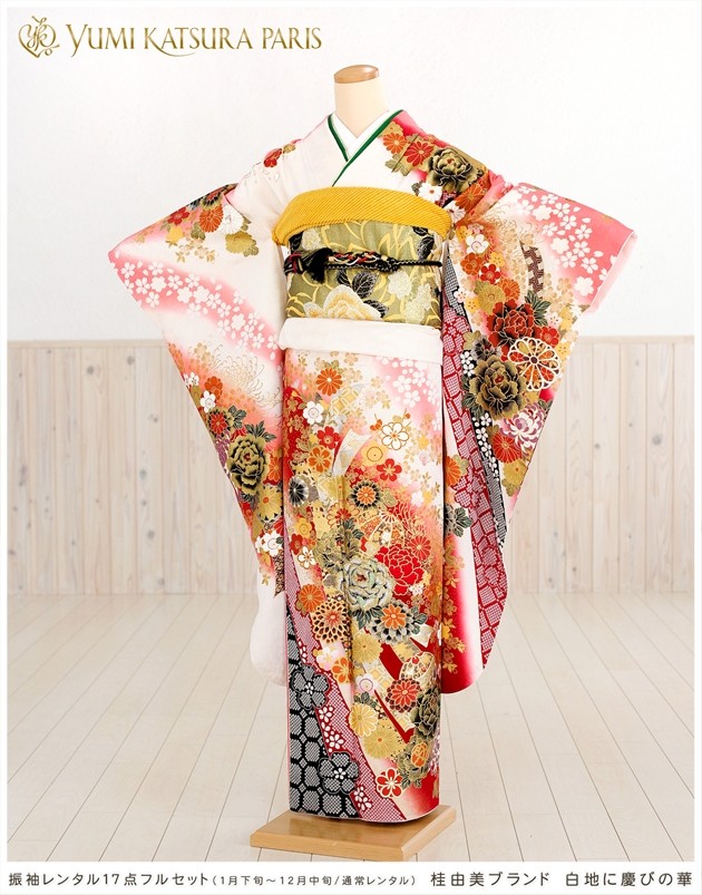 大振袖 正絹 金彩 刺繍 檜垣に草花 成人式 着物 kimono A-0956-