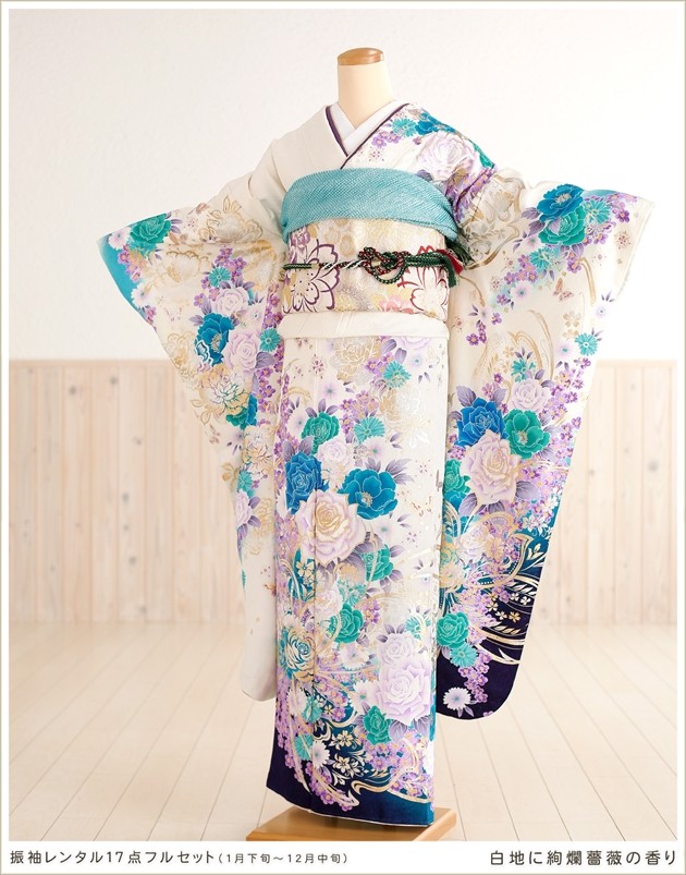 成人式 振袖レンタル 2024年 １月 fb1129s お正月 振り袖 着物レンタル 20歳 furisode レトロ モダン かわいい 人気  白地に絢爛薔薇の香り