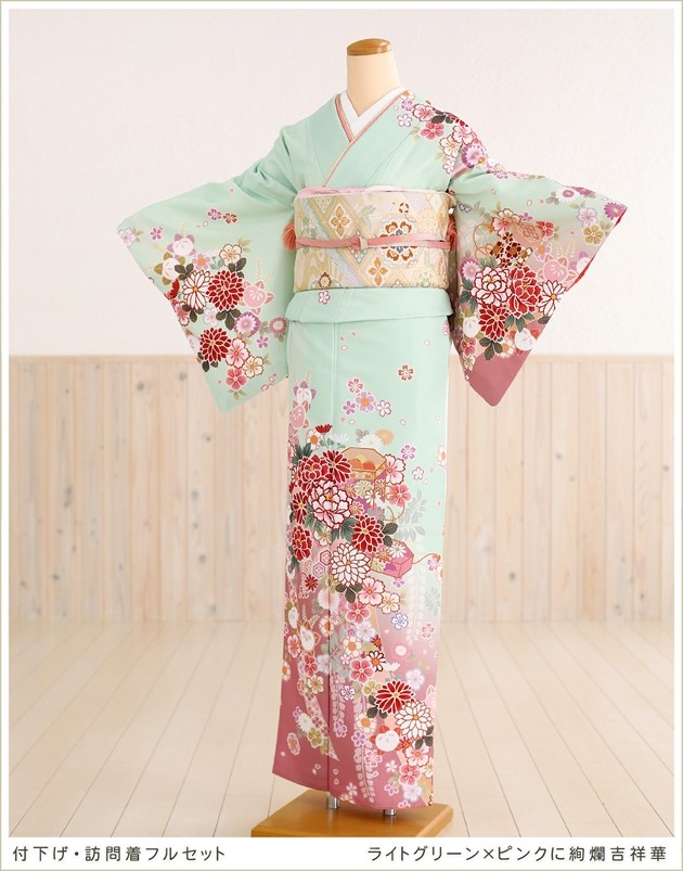 訪問着　フルセット　矢羽　宝尽くし　吉祥文様　入学式　卒業式　着物　Q5 訪問着 レンタル おしゃれ 20点セット JAPAN STYLE 着物 花 青系 卒業