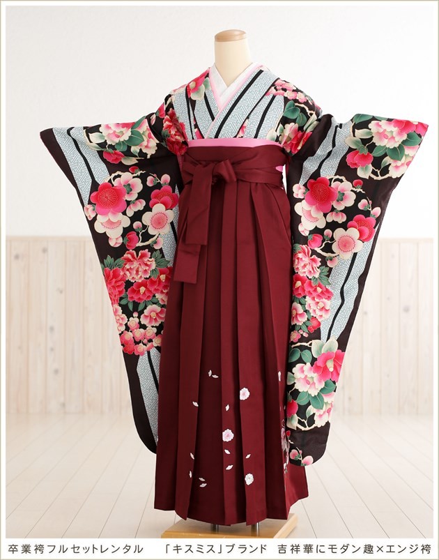 卒業式 女 袴 レンタル oh1156 吉祥華にモダン趣×エンジ袴/袴セット