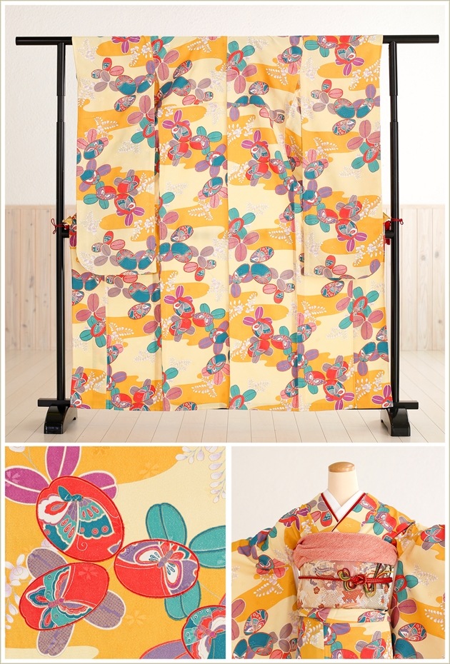 振袖フルセット    正絹♥薔薇の高級振袖セット♥こだわりの1セット　0509 ≪美品≫正絹 振袖9点フルセット【242】【身長150㎝〜160㎝の方