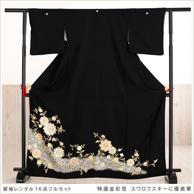 留袖レンタル 黒留袖レンタル ts189 特選金彩箔 スワロフスキーに優美