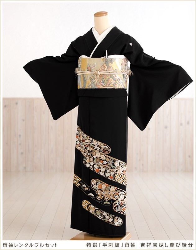 留袖レンタル 手刺繍 ts200 黒留袖 結婚式 母親 フルセット 留め袖