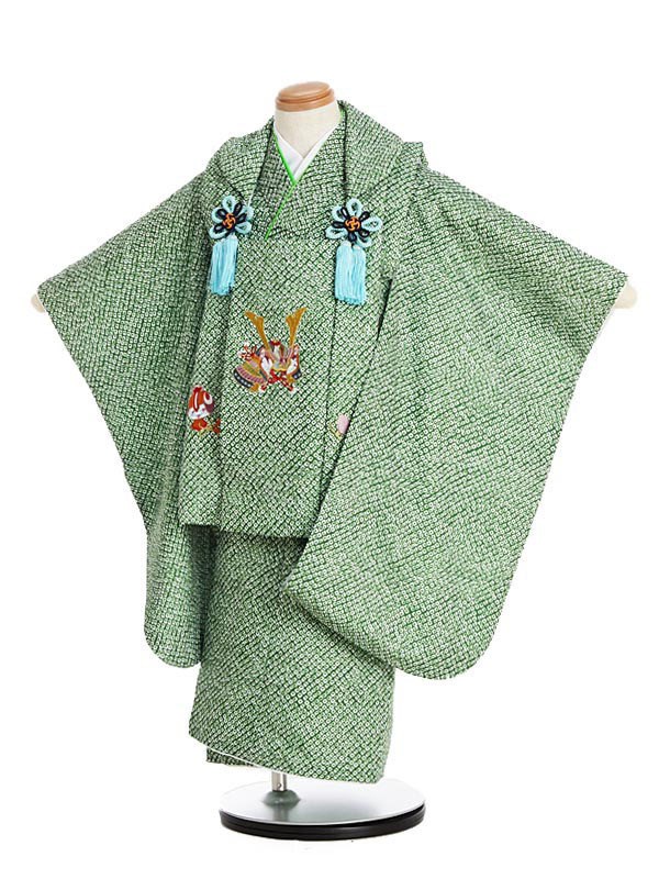 七五三 男の子 3歳 着物 レンタル モダン 緑 かのこ 兜 刺繍 シンプル