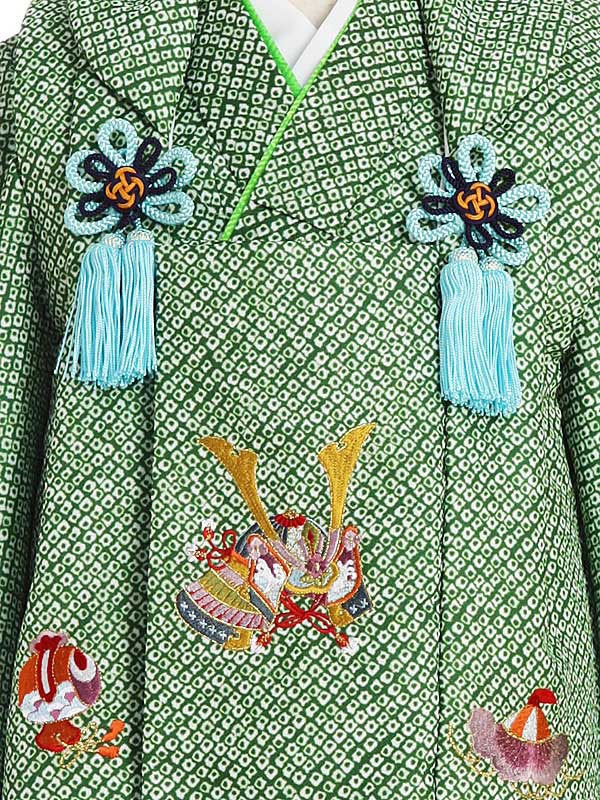 七五三 男の子 3歳 着物 レンタル モダン 緑 かのこ 兜 刺繍 シンプル