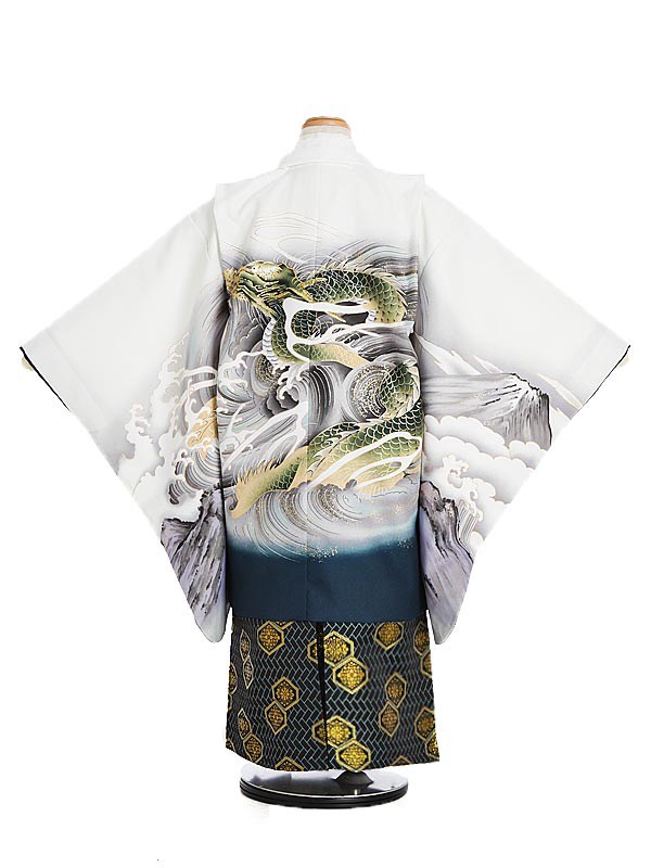 七五三 着物 5歳 6歳 男の子 レンタル 正統派 古典 白 グレー 金 龍