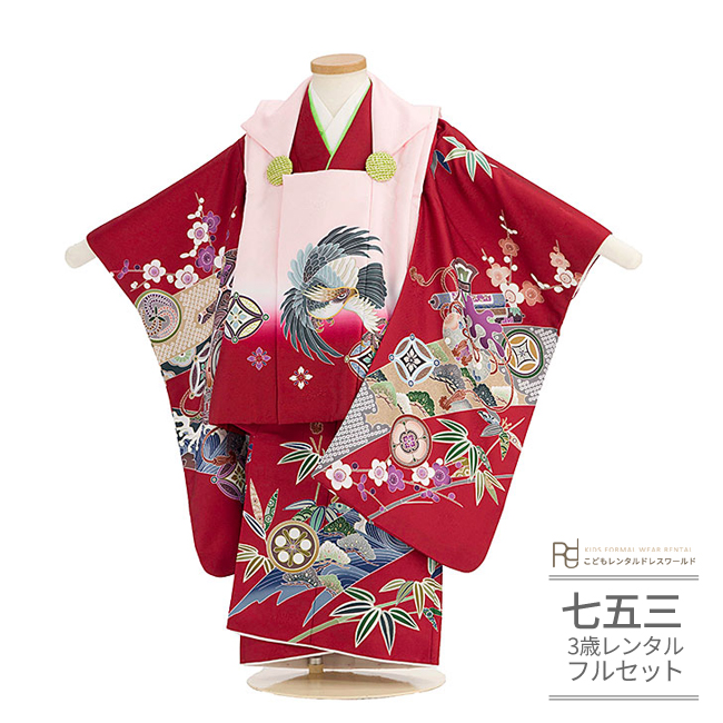 再販♡】七五三 3歳 着物＆被布エプロンセット 朱色和柄×生成り ⚪︎3