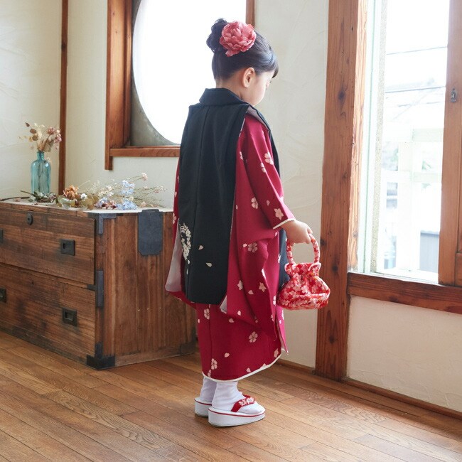 七五三 着物 3歳 女の子 レンタル モダン 黒 エンジ色 撫子 0002