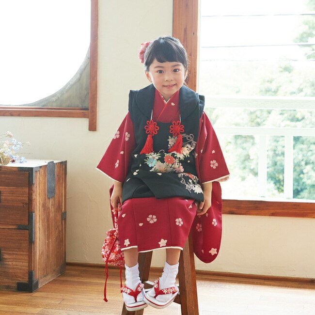 七五三 着物 3歳 女の子 レンタル モダン 黒 エンジ色 撫子 0002