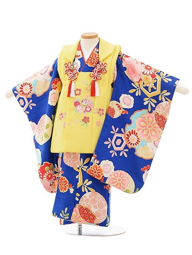 七五三 レンタル 3歳 女の子 着物 753 ブルー 青 黄 ちりめん刺繍