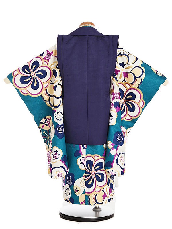 七五三 着物 3歳 女の子 レンタル モダン 緑 紺 格子 ねじ梅 0245