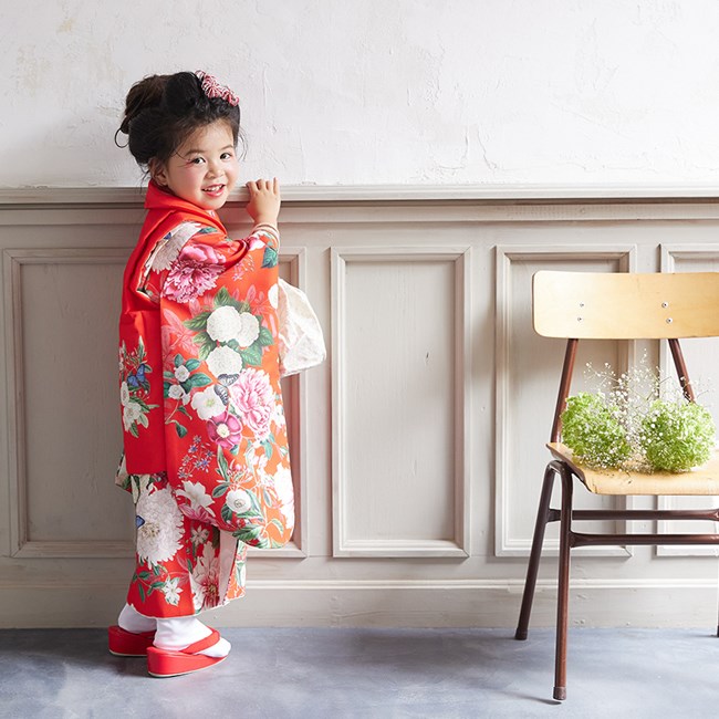 七五三 着物 3歳 女の子 レンタル ナチュラル いちは 赤 ボタニカル 花