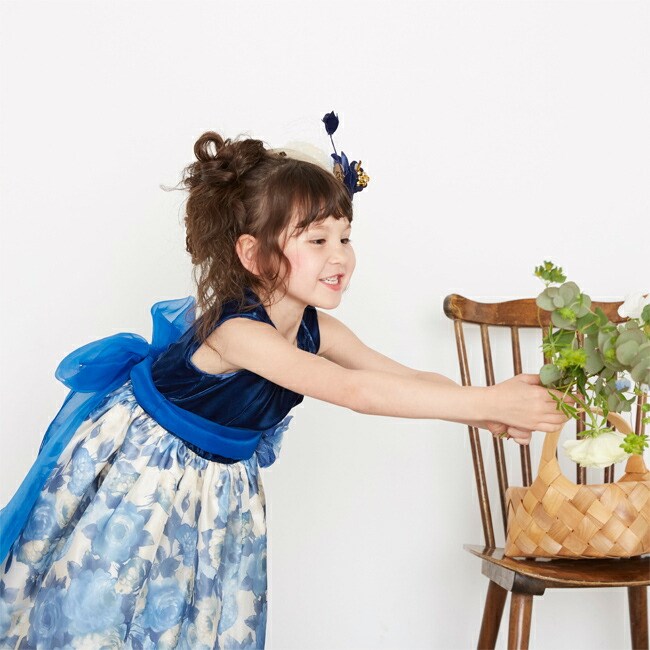 キッズドレス 写真撮影 子供 ドレス レンタル 女児 110 120 140 150 ブルー 花柄 リボン 紺 発表会 七五三 靴セット女の子 用 フォーマル 日本製 結婚式 712-BLの画像