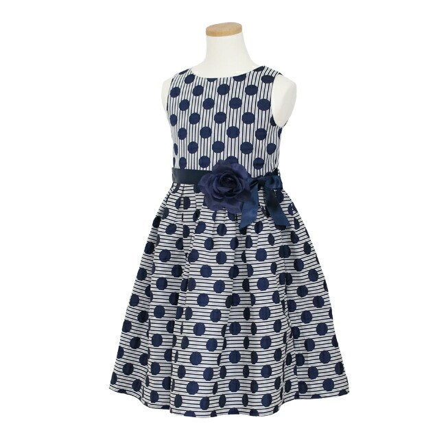 子供ドレスレンタル 靴セット MONSOON ジャガードドットドレス mons013 ネイビー 女の子 120 130 140 150サイズ キッズ 結婚式 七五三の画像