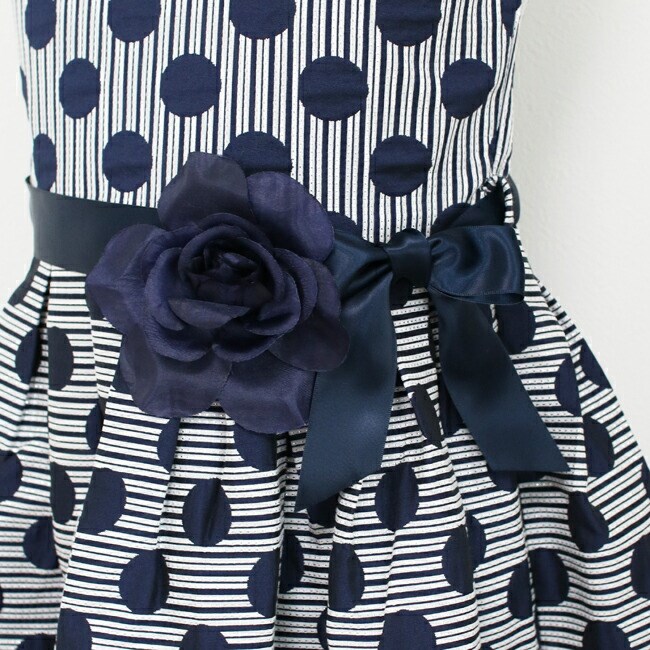 子供ドレスレンタル 靴セット MONSOON ジャガードドットドレス mons013 ネイビー 女の子 120 130 140 150サイズ キッズ 結婚式 七五三の画像