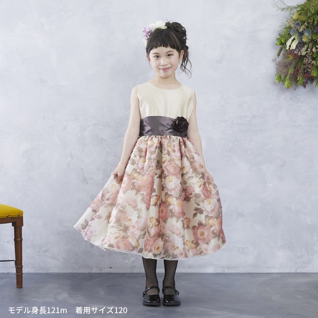キッズドレス 写真撮影 花柄 日本製 清楚 こども ピンク レンタル 結婚式 発表会 子供 靴セット フォーマル ベージュ 100 110 120 130 サテン 七五三 tgl013の画像