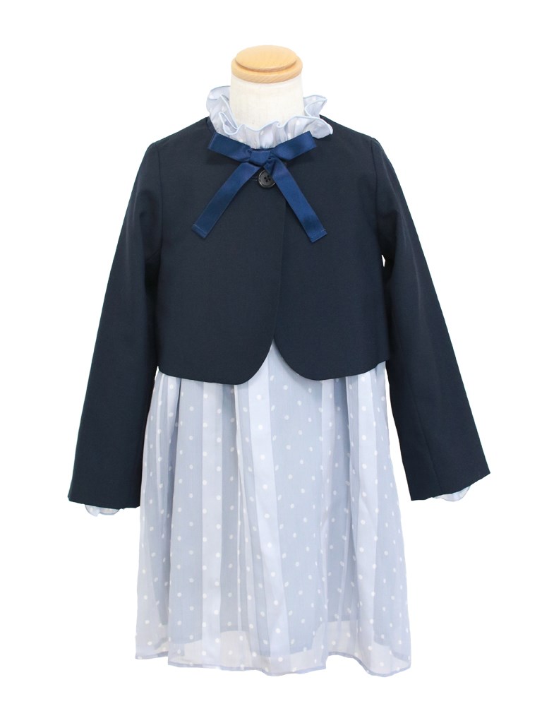 入学式 女の子 服 120 レンタル 130 卒業式 フォーマル子供服 靴セット UNITED ARROWS スーツセット uagl002  紺ボレロとブルー長袖ドットワンピース 110 130