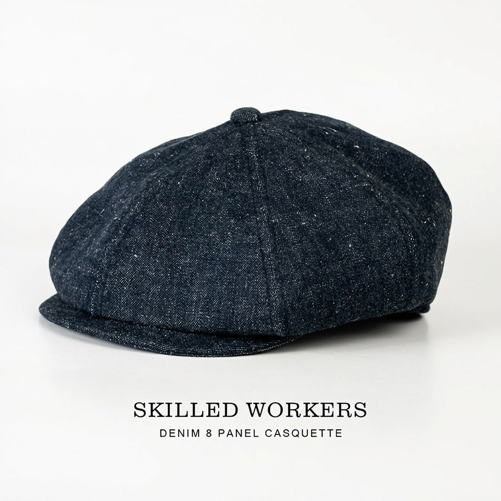 SKILLEDWORKERS デニム 11オンス セルビッチ ネップ denim 8パネル ハンチング キャスケット 日本製 コットン 一年中着用可能 サイズ調節機能付き SW-2601111 | 