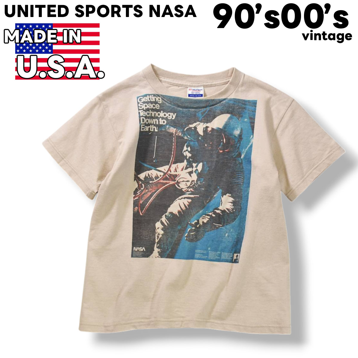 90s 00s ヴィンテージ USA製 ユナイテッドスポーツ UNITED SPORTS NASA 宇宙飛行士 プリント Tシャツ クルーネック カットソー ベージュ レディース キッズ ♪
