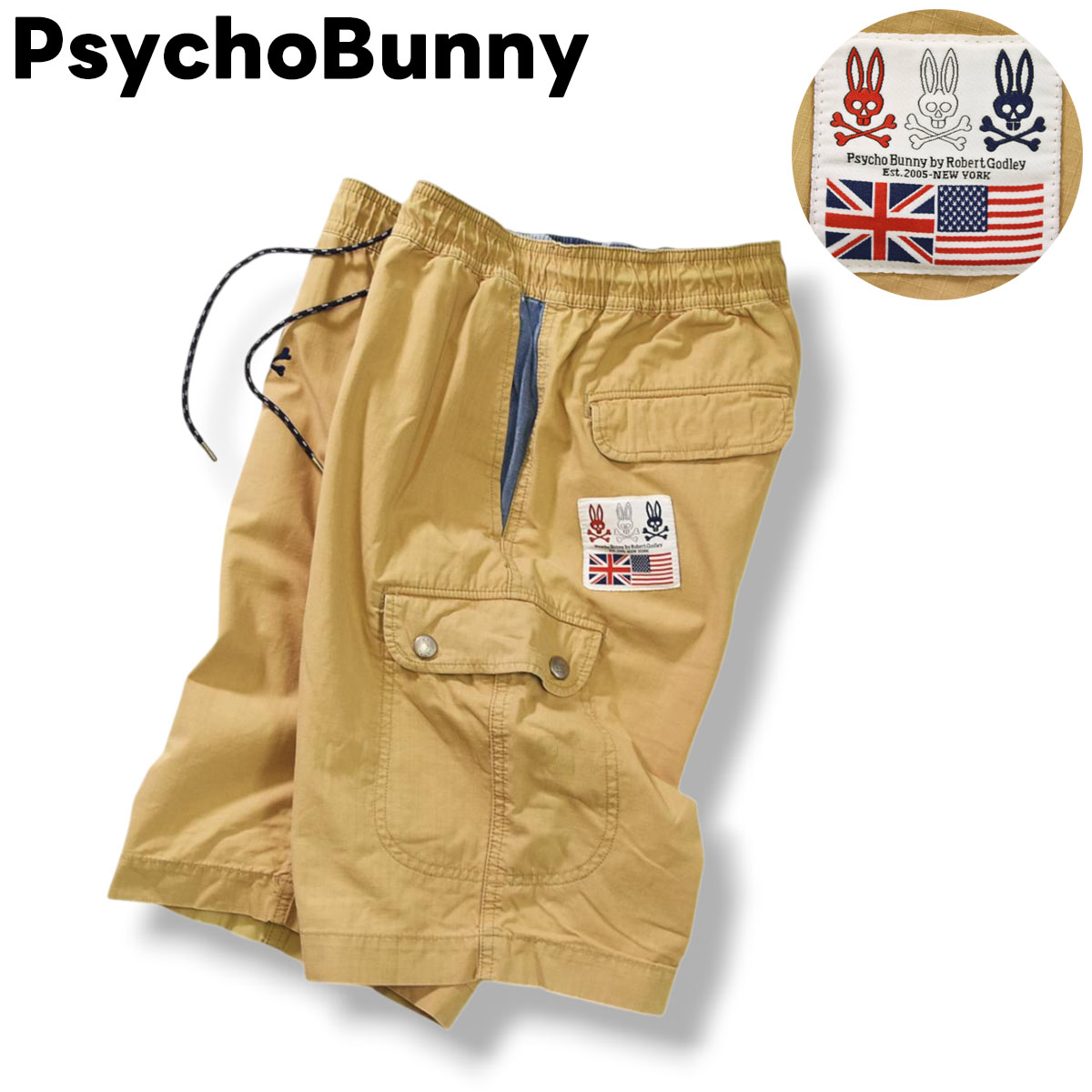 日本製 サイコバニー PsychoBunny リップストップ コットン カーゴ ショーツ ショート パンツ L ベージュ x インディゴ ゴルフ スポーツ メンズ