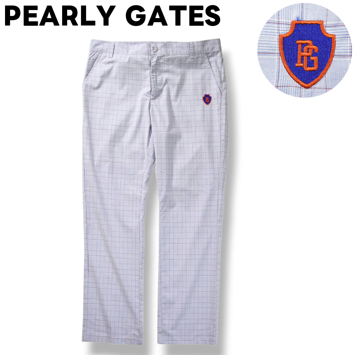 パーリーゲイツ PEARLY GATES コットン スラックス パンツ ストレッチ ストレート ワッペン ロゴ 6 チェック柄 ライトブルー x レッド ゴルフ メンズ