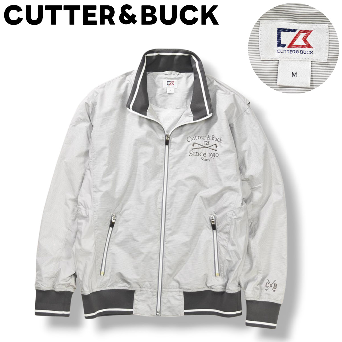 カッターアンドバック CUTTER＆BUCK ゴルフ ウィンド ジャケット ジップアップ スタンドカラー 裏地 メッシュ 刺繍 ロゴ M ボーダー柄 グレー メンズ