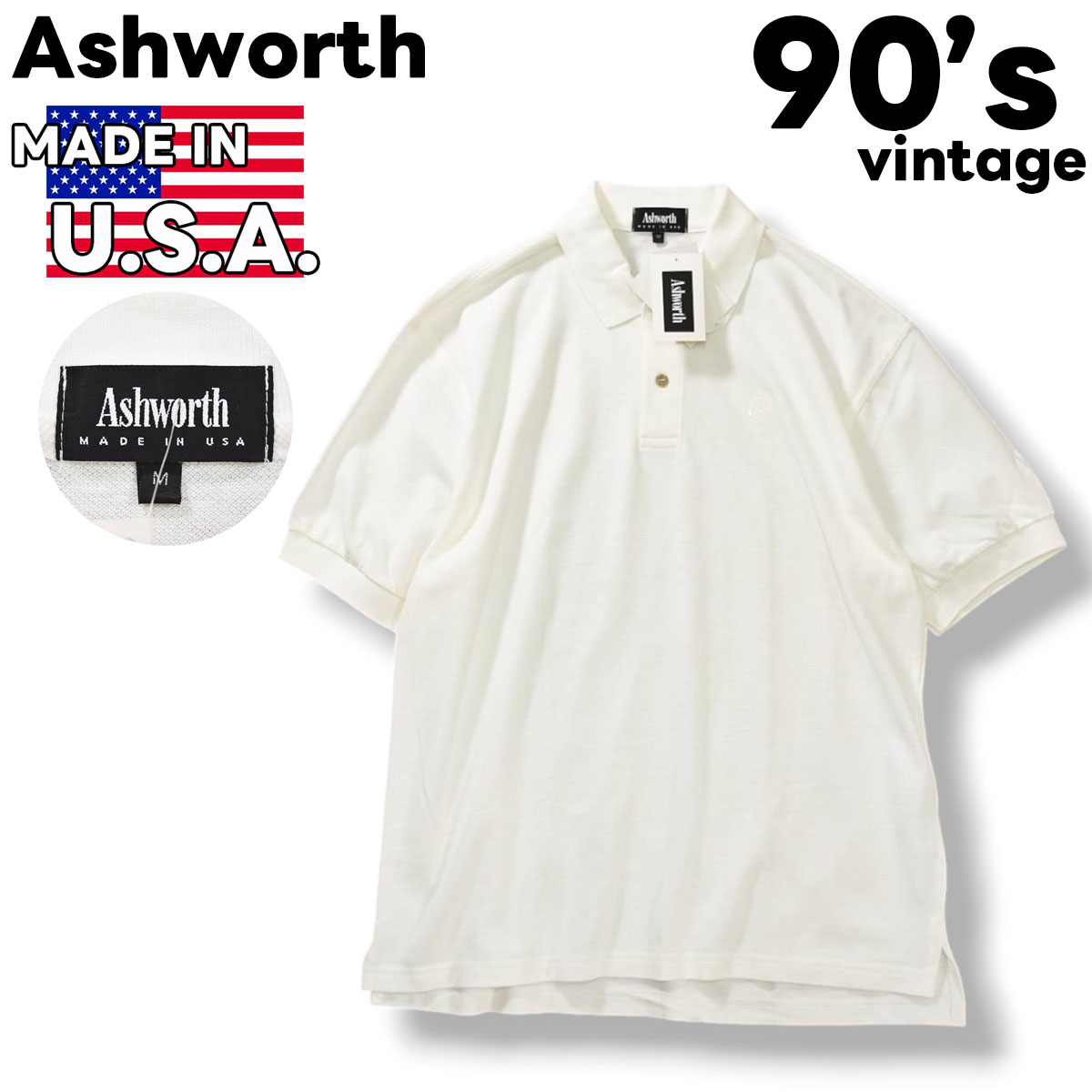 90s ヴィンテージ USA製 アシュワース Ashworth 半袖 鹿の子 ポロシャツ サイドスリット ロゴ 刺繍 M 白 ゴルフ スポーツ メンズ