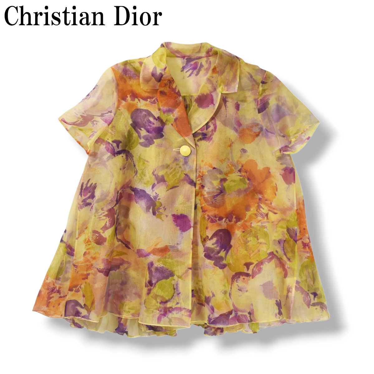 ヴィンテージ クリスチャンディオール ChristianDior ミス ディオール Miss Dior 花柄 シアー素材 半袖 ブラウス プリーツ シャツ M イエロー系 レディース ♪