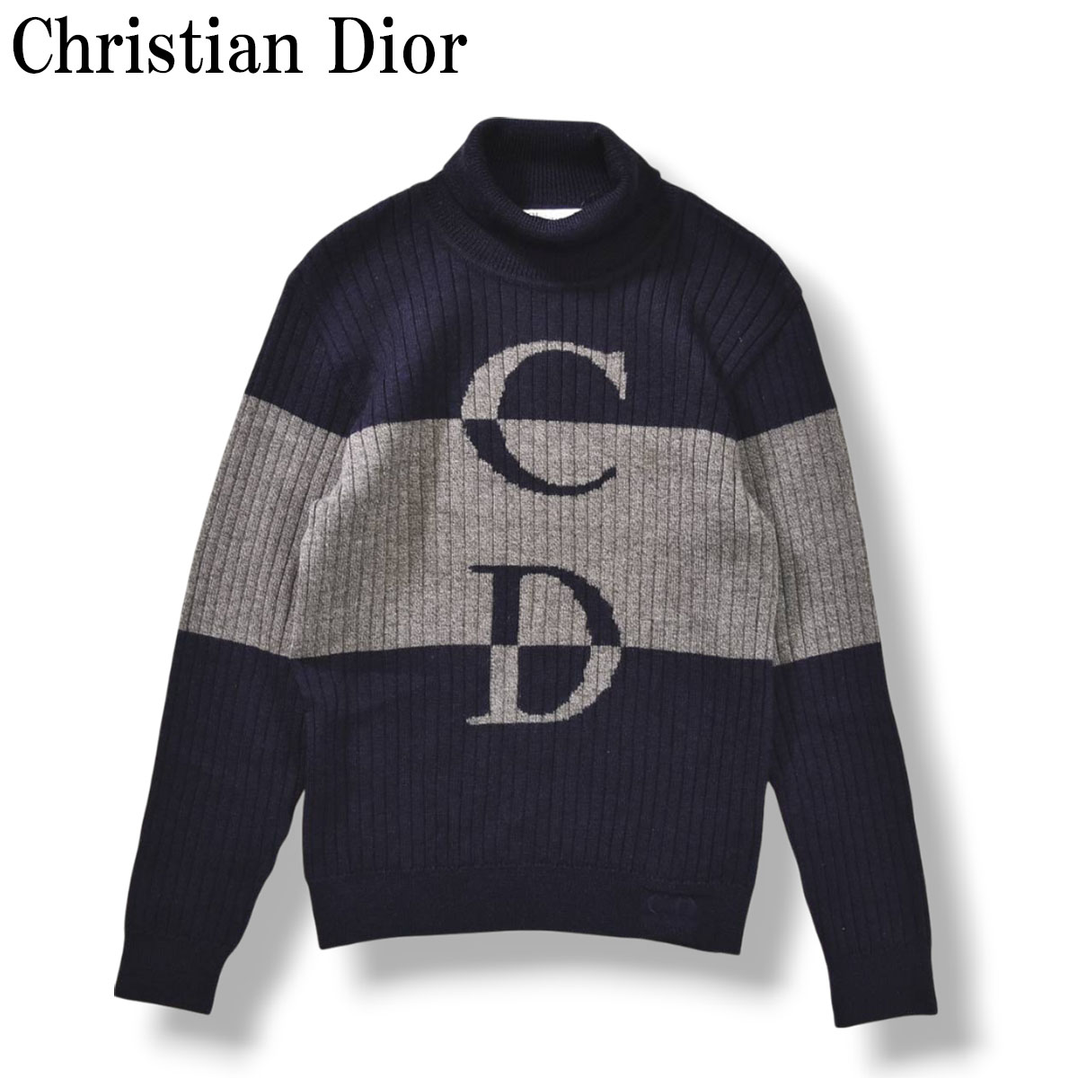 ヴィンテージ クリスチャンディオール Christian Dior CDロゴ リブ編み ウール タートルネック ニット セーター M ネイビー x グレー レディース ♪