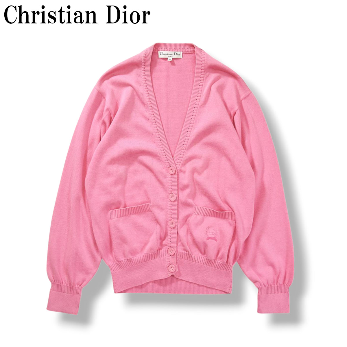 80s90sヴィンテージ クリスチャンディオール Christian Dior CD刺繍ロゴ ニット カーディガン セーター トップス 羽織り M ピンク レディース ♪