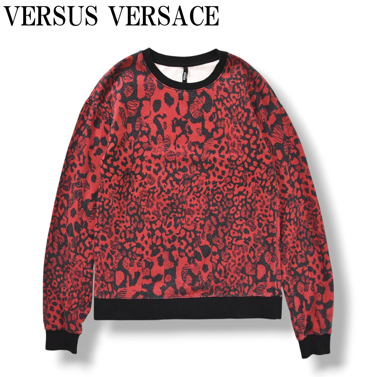 ブルガリア製 ヴェルサス ヴェルサーチ VERSUS VERSACE ロゴ入り レオパード柄 スウェット トレーナー ストレッチ入り XS レッド x ブラック レディース ♪