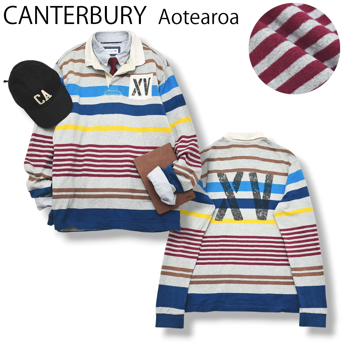 カンタベリー CANTERBURY  Aotearoa アオテアロア 長袖 ラガーシャツ ラグビーシャツ トレーナー XL ボーダー柄 グレー系 スポーツミックス アメカジ メンズ