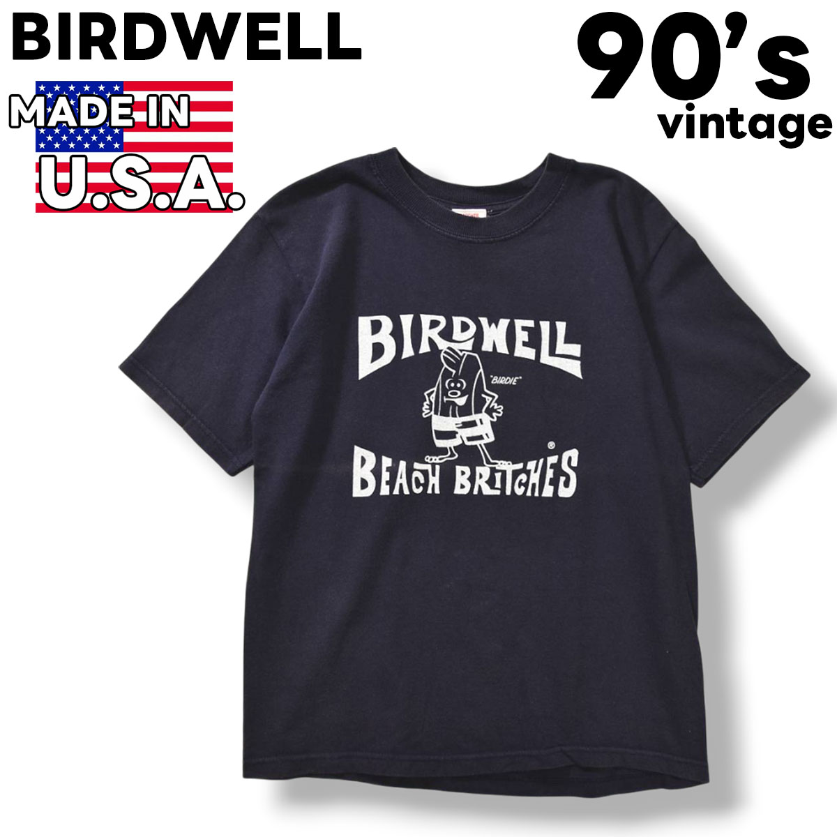 90sヴィンテージ USA製 バードウェル BIRDWELL バーディー プリント クルーネック 半袖 Tシャツ ネイビー レディース ♪